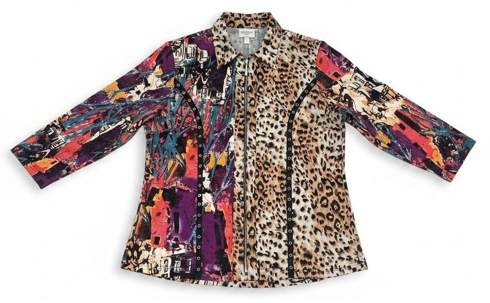 Max & Rina Sz XL Light Zip Up Jacket with Collar Mixed Animal Print Stretch Knit